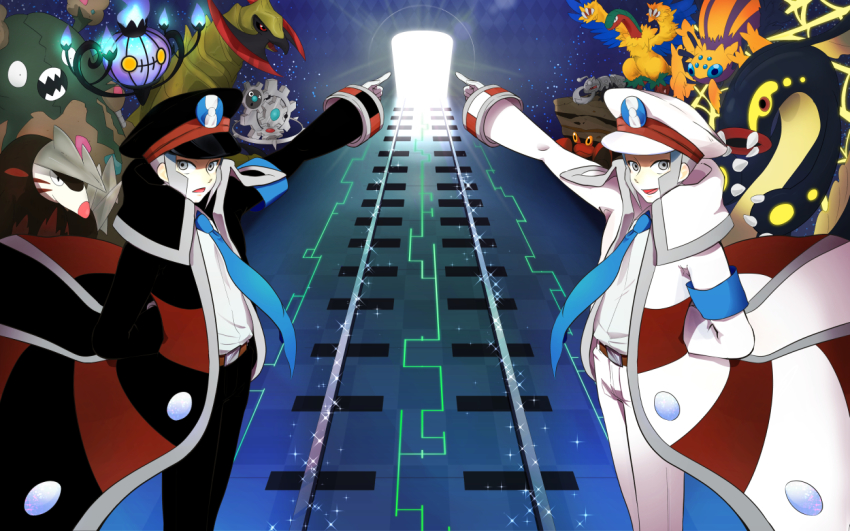 2boys archeops arm_behind_back belt belt_buckle black_coat black_headwear black_pants blue_necktie brothers brown_belt buckle chandelure coat commentary_request crustle dabu_(dabuchan) durant eelektross emmet_(pokemon) excadrill galvantula garbodor gen_5_pokemon gloves grey_eyes grey_hair hat haxorus ingo_(pokemon) klinklang male_focus multiple_boys necktie nintendo open_clothes open_coat open_mouth pants peaked_cap pointing pokemon pokemon_(creature) pokemon_bw shirt short_hair siblings sideburns smile tongue white_coat white_pants white_shirt