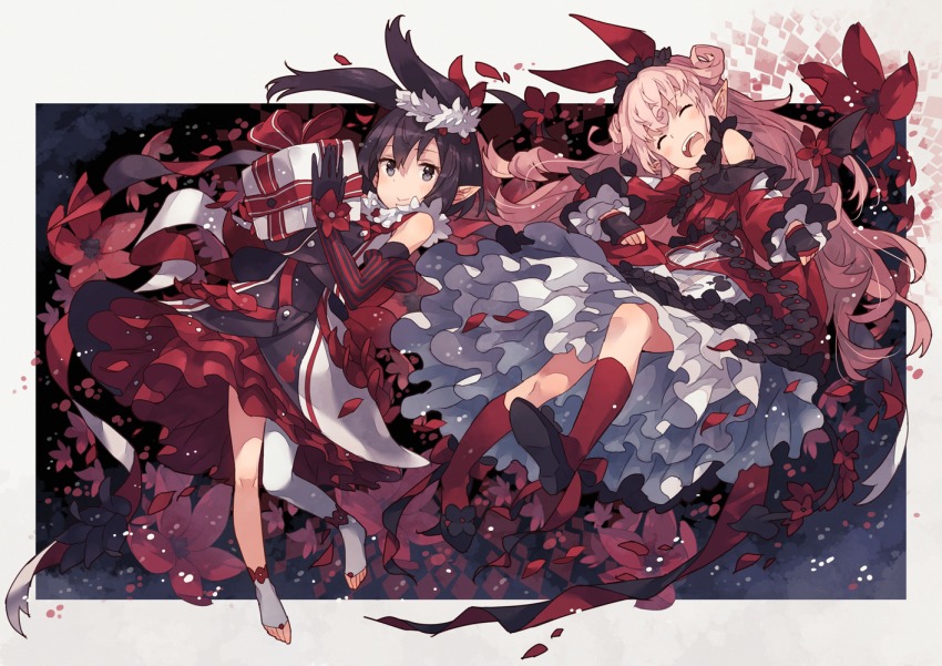 2girls :d alternate_costume asymmetrical_legwear bare_shoulders barefoot black_eyes black_gloves black_hair blush bow box closed_mouth commentary_request dress elbow_gloves facing_viewer flower frilled_dress frills gift gift_box gloves hair_between_eyes hair_bow hair_ornament holding holding_gift long_hair looking_at_viewer mano_(narumi_arata) mismatched_legwear multiple_girls narumi_arata open_mouth original petals pink_hair pointy_ears recri_(narumi_arata) red_bow red_legwear revision short_hair single_sock single_thighhigh smile socks thighhighs toeless_legwear topknot white_legwear