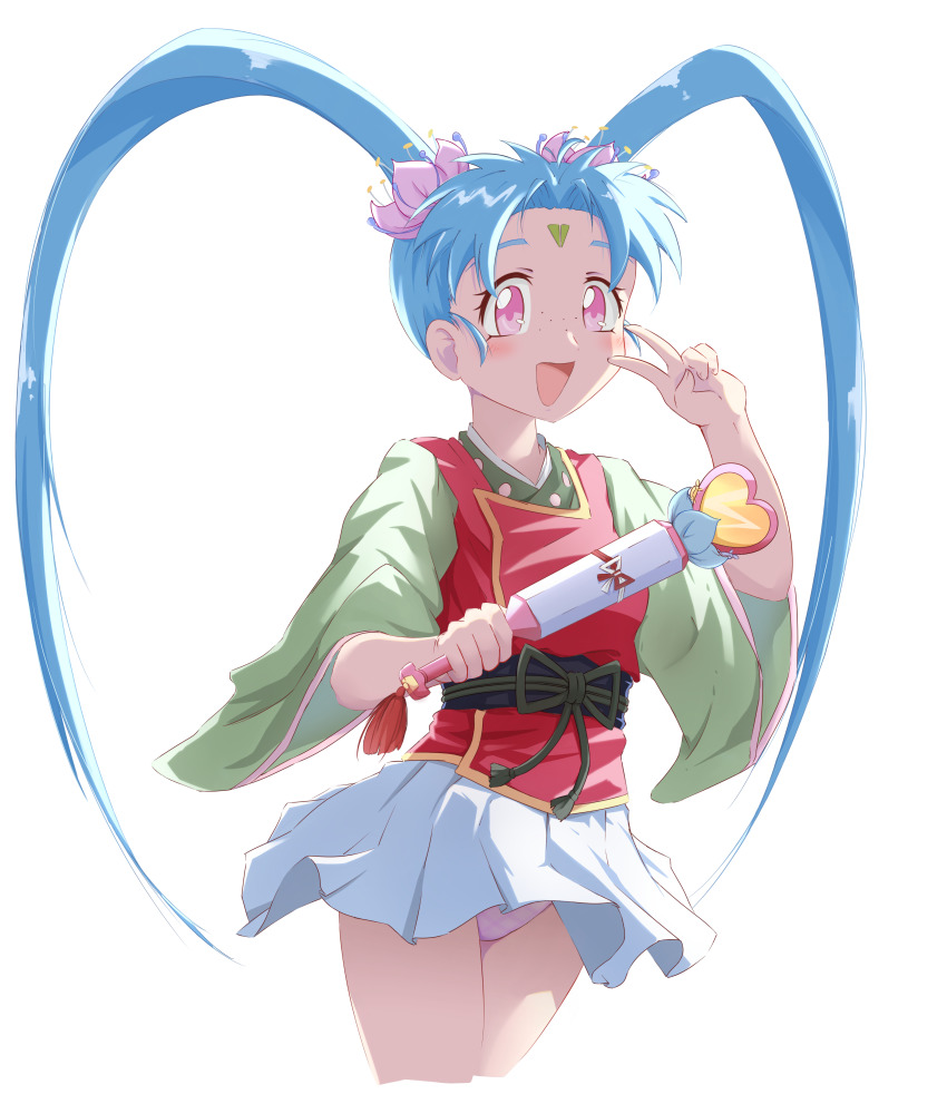 1990s_(style) 1girl absurdres arm_up blue_hair eyebrows facial_mark forehead forehead_mark freckles green_shirt heart highres long_hair magical_girl mahou_shoujo_pretty_sammy masaki_sasami_jurai miniskirt open_mouth panties pink_eyes pink_panties pleated_skirt pretty_sammy_(character) red_shirt retro_artstyle shirt simple_background skirt smile solo tenchi_muyou! thighs twintails twintails_(mantids) underwear v very_long_hair wand white_background white_skirt wind wind_lift
