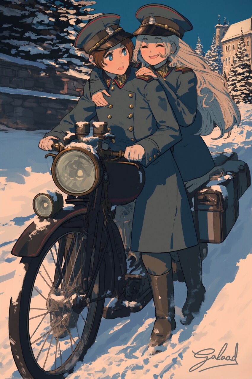 2girls absurdres artist_name blue_eyes boots brown_hair chimney closed_eyes coat cold dawn happy hat highres house hug hug_from_behind military_hat military_uniform motor_vehicle motorcycle multiple_girls on_motorcycle original outdoors peaked_cap pine_tree sergalaad signature snow snow_on_roof tree white_hair winter