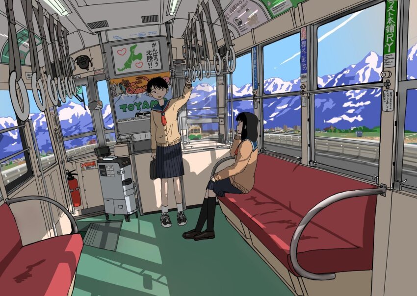2girls arm_up black_footwear black_hair black_socks blue_sailor_collar blue_skirt brown_cardigan cardigan commentary day fire_extinguisher from_side hand_on_own_knee kneehighs komejirushi28 landscape loafers long_sleeves looking_at_another medium_hair mountainous_horizon multiple_girls neckerchief original pleated_skirt poster_(object) red_neckerchief sailor_collar school_uniform shoes short_hair sitting skirt sleeves_past_wrists sneakers socks standing streetcar toyama_prefecture train_interior