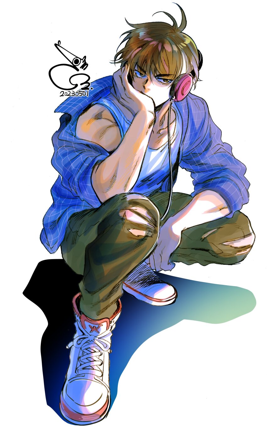 1boy absurdres bae_(baebae) bishounen blue_shirt brown_eyes brown_hair collared_shirt covering_own_mouth denim full_body green_pants hand_over_own_mouth headphones highres jeans long_sleeves looking_to_the_side male_focus pants plaid_clothes plaid_shirt rukawa_kaede shadow shirt shoes short_hair simple_background single_off_shoulder slam_dunk_(series) sleeves_rolled_up sneakers solo squatting tank_top torn_clothes torn_jeans torn_pants white_background white_shoes white_tank_top