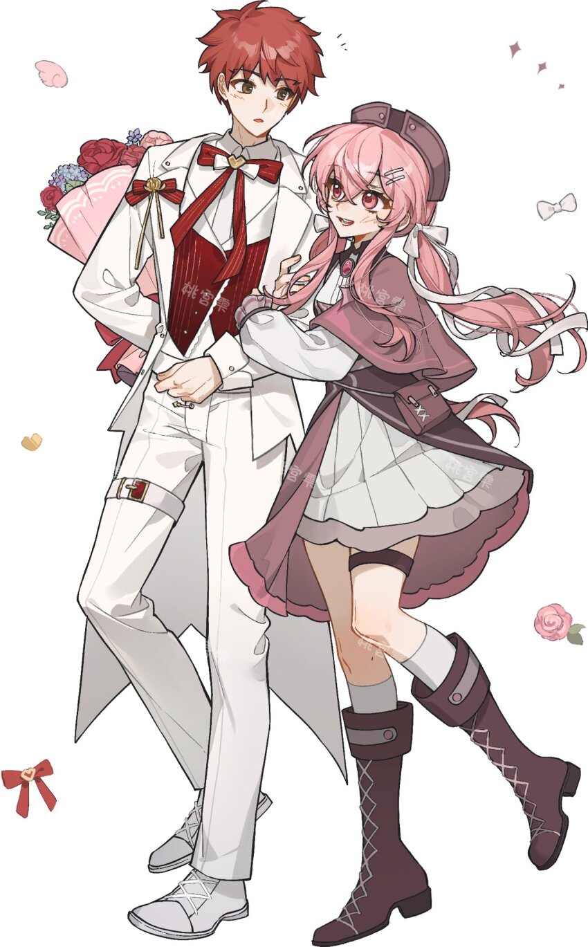 1boy 1girl blush bow breasts collared_shirt couple cross cross_print dress emiya_shirou fate/stay_night fate_(series) flower formal_clothes hair_ornament heart highres holding holding_flower jacket long_hair long_sleeves momomiya_shizuku_(gaoyue_jixiang) necktie oc_x_canon open_mouth orange_hair original pants pastels pink_eyes pink_hair print_ribbon red_hair red_necktie ribbon rose shirt simple_background skirt smile suit twintails watermark weibo_watermark white_background white_jacket white_pants white_shirt white_suit