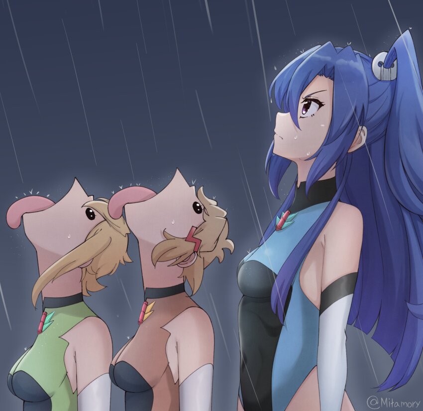 3girls absurdres akatsuki_kirika bare_shoulders black_eyes blonde_hair blue_hair blue_leotard breasts brown_hair brown_leotard closed_mouth covered_navel elbow_gloves frown gloves goku_and_vegeta_in_the_rain_(meme) green_leotard hair_behind_ear hair_between_eyes head_back heattech_leotard highres kazanari_tsubasa leotard long_hair looking_up medium_breasts meme mitamory multiple_girls neck one_side_up open_mouth outdoors purple_eyes rain senki_zesshou_symphogear serious short_hair sleeveless sleeveless_turtleneck small_breasts standing tachibana_hibiki_(symphogear) tongue tongue_out turtleneck twitter_username v-shaped_eyebrows white_gloves