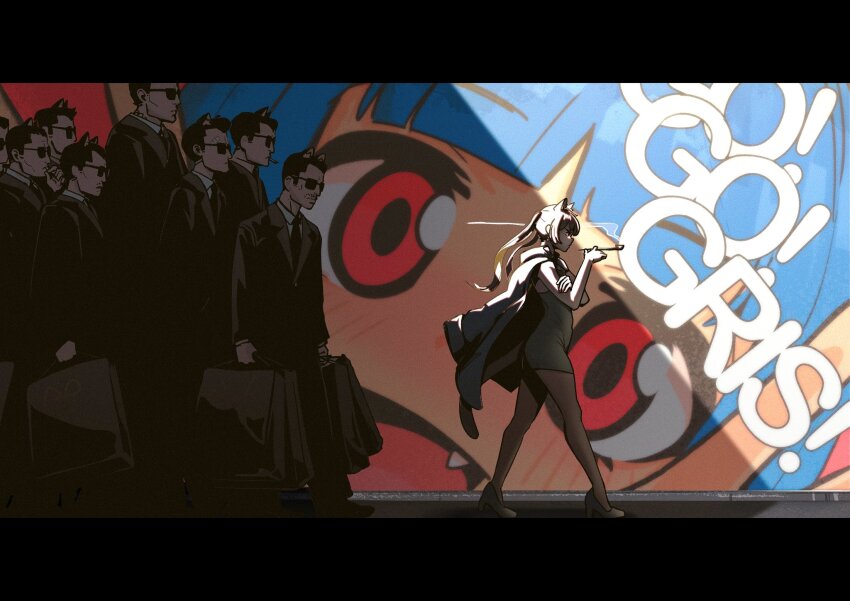 1girl 6+boys animal_ear_fluff animal_ears arched_back armband arms_at_sides ass bag black_bag black_border black_coat black_dress black_hair black_pantyhose black_shoes black_suit bodyguard border borrowed_character breasts cat_boy cat_ears cat_girl cat_tail closed_mouth coat coat_on_shoulders cocktail_dress collared_coat commentary covered_navel crossed_arms dress english_text extra_ears floating_clothes floating_hair following formal_clothes from_side frown go!_go!_gris! grey_hair grey_tail gris_(go!_go!_gris!) hair_between_eyes hand_on_own_arm hands_up high_heels highres holding holding_bag holding_smoking_pipe kara_(go!_go!_gris!) letterboxed long_hair long_sleeves looking_ahead mafia multiple_boys mural narrowed_eyes original pantyhose parted_bangs pencil_dress profile qwetzo road scowl shadow sheer_pantyhose shoes shopping_bag short_dress short_hair sidelocks sleeveless sleeveless_dress small_breasts smoke smoke_trail smoking smoking_pipe solo_focus standing street suit sunglasses sunlight sweatdrop symbol-only_commentary tail tall_male thighs title twintails v-shaped_eyebrows walking wide_shot