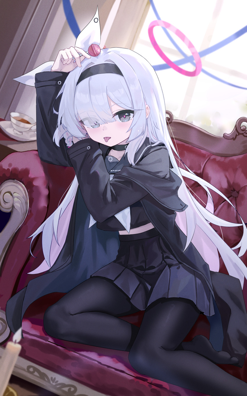 absurdres black_choker black_coat black_eyes black_hairband black_pantyhose black_sailor_collar black_serafuku black_shirt black_skirt black_thighhighs blue_archive blush braid candle candy chair choker coat colored_inner_hair cup food hair_over_one_eye hair_ribbon hairband halo highres holding holding_candy holding_food indoors long_hair long_sleeves looking_at_viewer midriff_peek mixian multicolored_hair neckerchief open_clothes open_coat open_mouth pantyhose pink_hair pink_halo pink_pupils plana_(blue_archive) pleated_skirt red_halo red_pupils ribbon sailor_collar school_uniform serafuku shirt side_braid single_braid sitting skirt sleeves_past_wrists teacup thighhighs two-tone_hair white_hair white_neckerchief white_ribbon