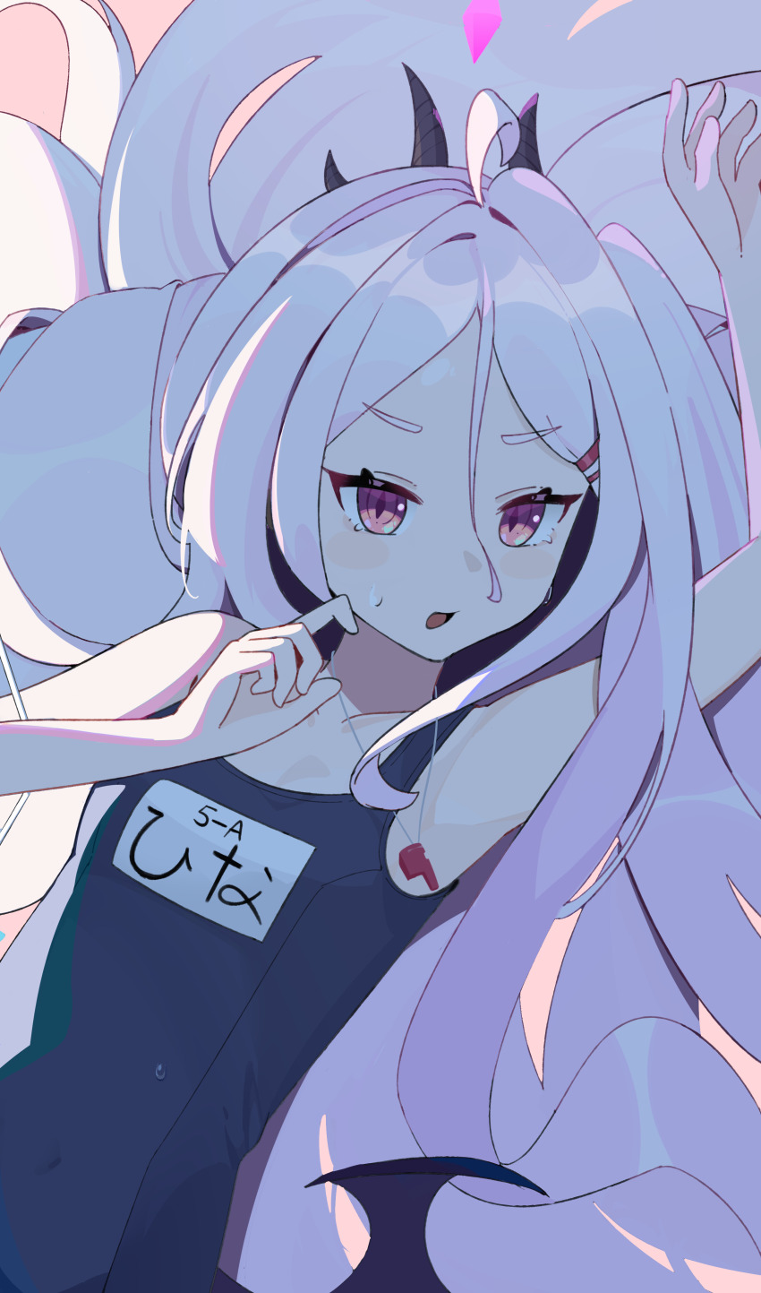 1girl absurdres ahoge arm_up big_hair black_horns blue_archive blue_one-piece_swimsuit character_name collarbone covered_navel demon_girl demon_wings e_li_(77864296) flat_chest hair_between_eyes hair_ornament hair_over_shoulder hairclip hand_up highres hina_(blue_archive) hina_(swimsuit)_(blue_archive) horns jewelry loli long_hair low_wings mini_wings multiple_horns name_tag necklace official_alternate_costume official_alternate_hairstyle old_school_swimsuit one-piece_swimsuit open_mouth pink_background purple_eyes purple_wings school_swimsuit simple_background solo sweatdrop swimsuit very_long_hair water_drop wavy_hair whistle whistle_around_neck white_hair wings