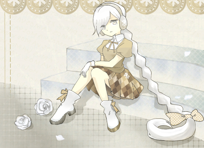 1girl argyle_clothes argyle_skirt boots bow braid collared_shirt commentary_request earmuffs flower full_body gloves grey_eyes hair_bow high_heel_boots high_heels long_hair neck_ribbon pleated_skirt ribbon rose sackana sekka_yufu shirt short_sleeves sitting sitting_on_stairs skirt solo stairs utau very_long_hair white_hair