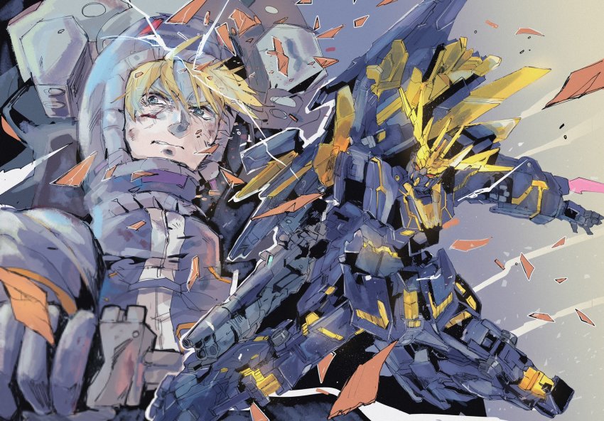 1boy blonde_hair blue_eyes cuts floating_hair gun gundam gundam_unicorn helmet highres holding holding_gun holding_weapon injury kare_(0621utak) male_focus mecha mecha_pilot_suit mobile_suit normal_suit_(gundam) nt-d open_hand parted_lips pilot_suit red_eyes riddhe_marcenas robot science_fiction shattered unicorn_gundam_banshee v-fin v-shaped_eyebrows weapon