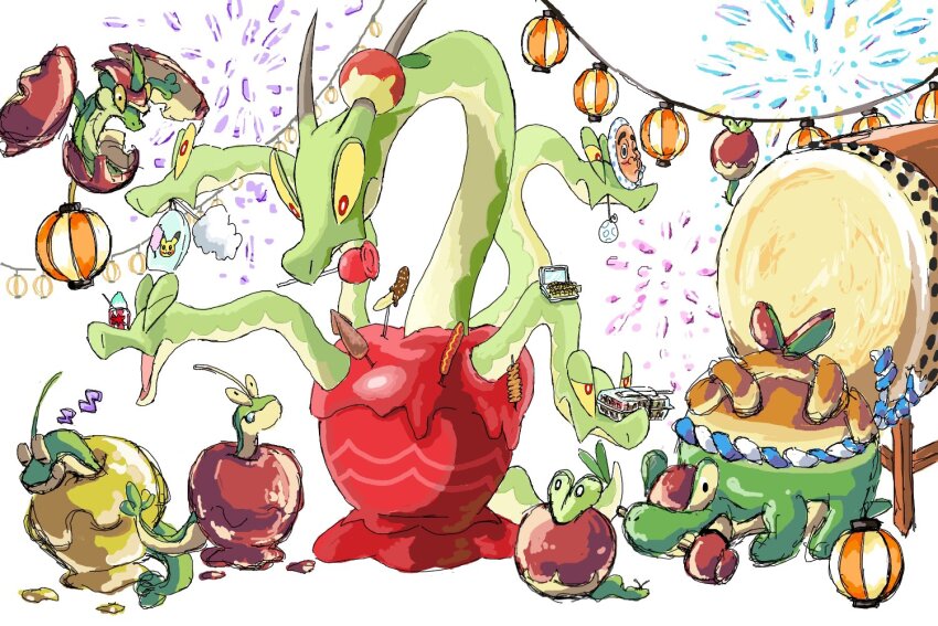 apple bright_pupils candy_apple chocolate-covered_food chocolate_banana colored_sclera colored_skin corn corn_cob cotton_candy drum evolutionary_line fireworks flapple flying food fried_squid fruit gen_8_pokemon green_skin hachimaki headband holding holding_food holding_fruit horns hot_dog hydra hydrapple hyottoko_mask instrument lantern long_neck looking_down looking_up mask mouth_hold multiple_heads nejiri_hachimaki nintendo no_humans other_focus oversized_food oversized_object paper_lantern pokemon pokemon_(creature) red_eyes riotono_0643 single_horn sleeping stalk_eyes stretched_neck taiko_drum tail wyrm yellow_eyes yellow_sclera zzz