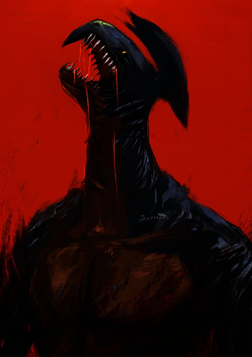 absurdres black_sclera blood blood_from_mouth colored_sclera commentary crain1art dragon_horns english_commentary garchomp gen_4_pokemon highres horns nintendo open_mouth pokemon pokemon_(creature) pokemon_focus profile red_background sharp_teeth teeth upper_body yellow_eyes