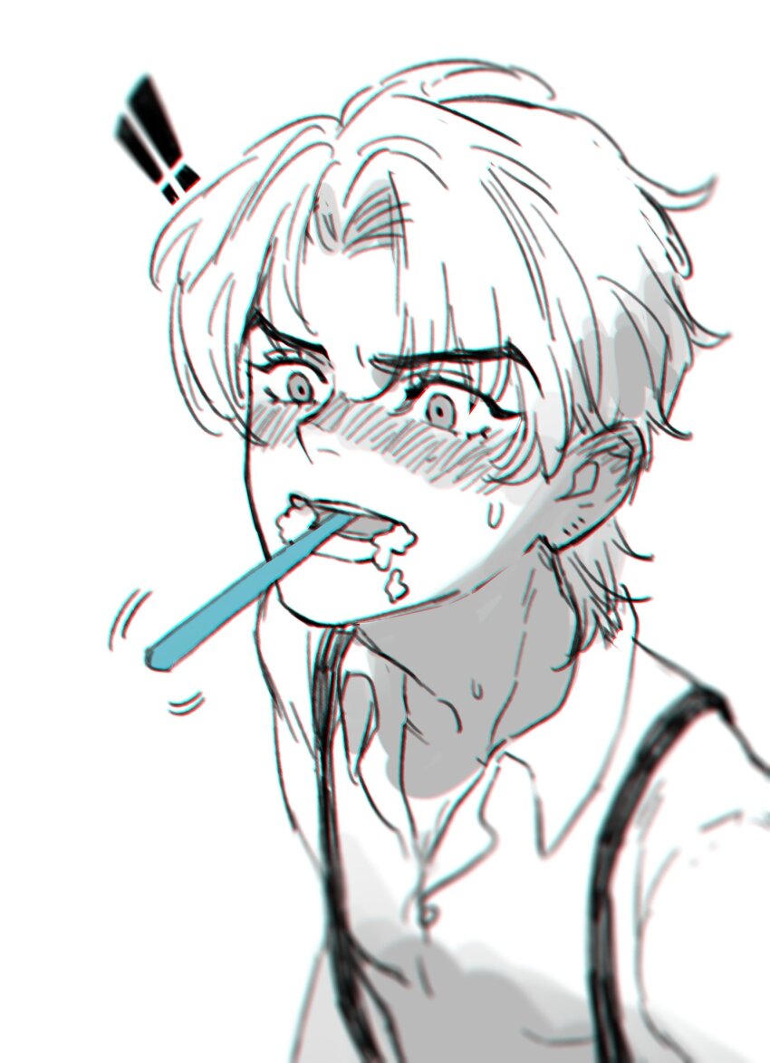 ! !! aged_down blush brushing_another&#039;s_teeth brushing_teeth dio_brando highres honlo invisible jojo_no_kimyou_na_bouken male_focus mole mole_on_ear open_mouth phantom_blood shirt short_hair suspenders sweatdrop teeth tongue toothbrush toothbrush_in_mouth toothpaste