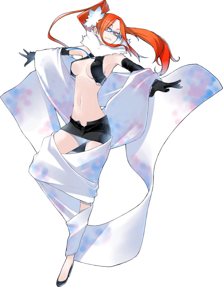 10s 1girl black_gloves black_shoes blue-framed_eyewear breasts dancing devil_survivor_(series) devil_survivor_2 elbow_gloves female_focus flower full_body glasses gloves hair_flower hair_ornament high_heels highres kujou_hinako long_hair matching_hair/eyes medium_breasts midriff miniskirt navel neck_ruff no_bra no_shirt official_art open_clothes open_fly open_vest orange_eyes orange_hair shoes simple_background skirt smirk solo underboob unzipped vest white_background yasuda_suzuhito