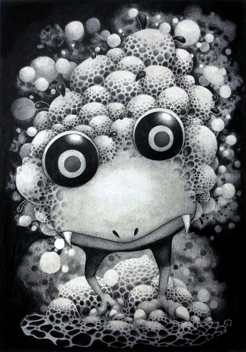 absurdres animal_focus bake_monochrome black_background bulborb commentary_request creature fangs fangs_out graphite_(medium) greyscale highres moldy_bulborb monochrome mushroom nintendo no_humans nostrils pikmin_(series) pikmin_4 solo straight-on traditional_media