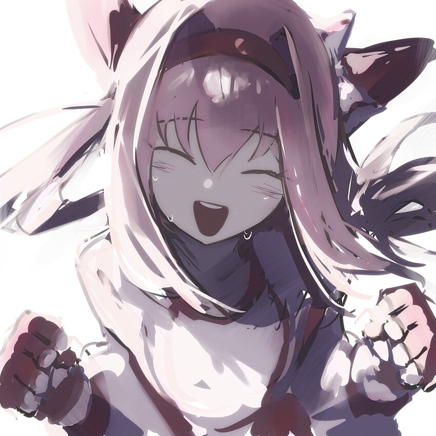 1girl :d animal_ears blush bow clenched_hands closed_eyes commentary_request ear_bow facing_viewer fingerless_gloves gloves hair_between_eyes hairband haru_urara_(bestest_prize)_(umamusume) haru_urara_(umamusume) highres horse_ears horse_girl k1kiwa long_hair open_mouth pink_hair portrait red_gloves red_hairband shirt simple_background smile solo sweat teeth umamusume upper_teeth_only white_background white_bow white_shirt