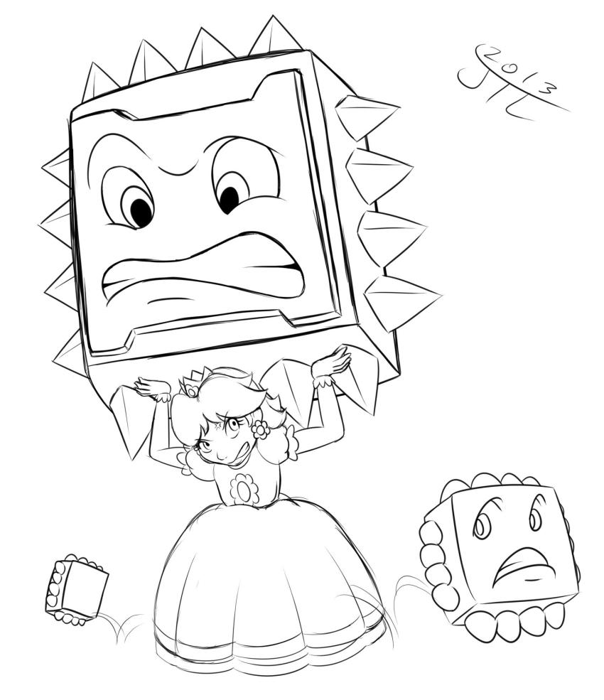 1girl angry crown dress earrings flower_earrings gloves highres holding jewelry jumping mario_(series) nervous nintendo princess_daisy puffy_short_sleeves puffy_sleeves short_sleeves spikes standing super_mario_land super_mario_world thwimp thwomp tomboy worried