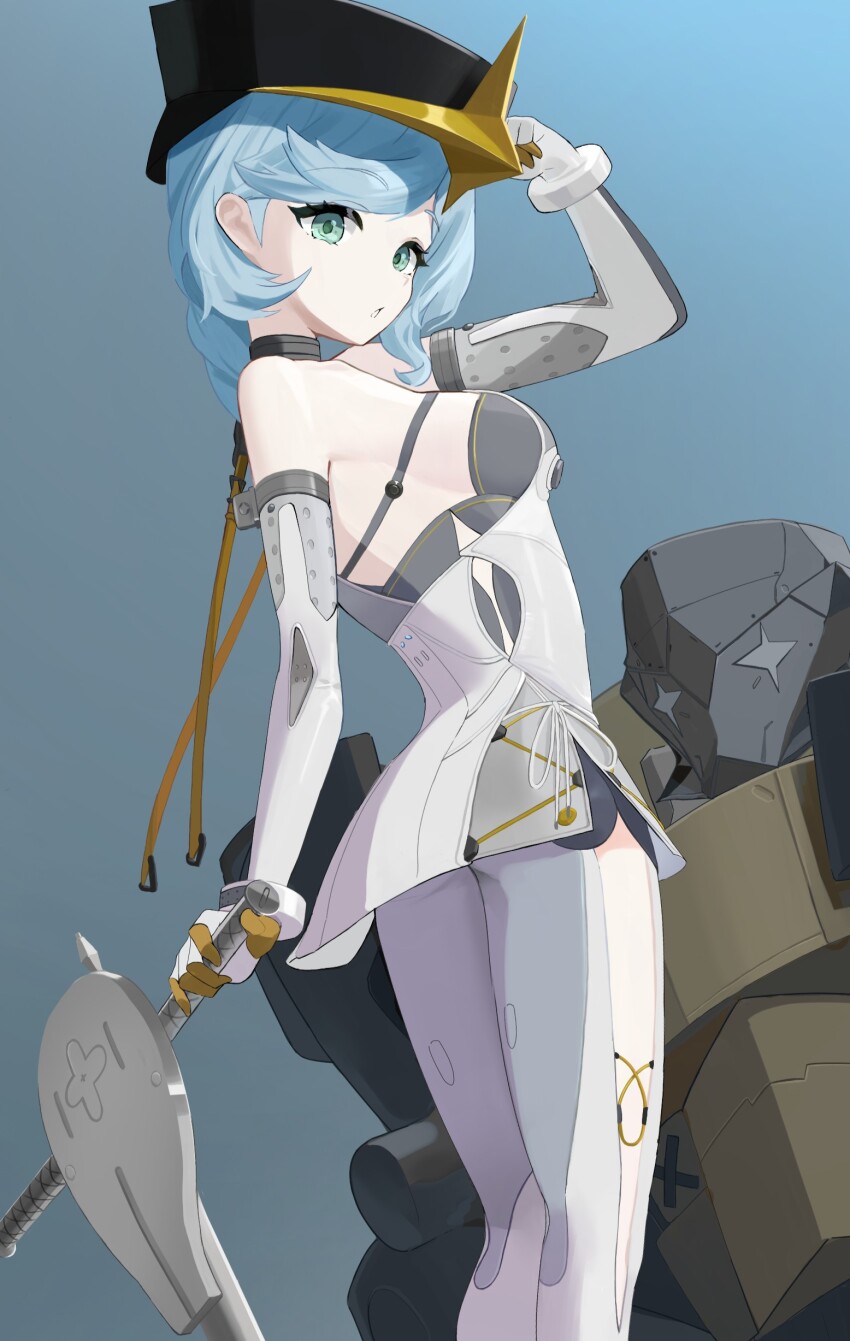 1girl absurdres aji_gohan aqua_eyes bare_shoulders blue_eyes blue_hair braid breasts clothing_cutout commentary_request elbow_gloves formal_clothes gloves highres humanoid_robot latex_pants long_hair looking_at_viewer mecha medium_breasts open_mouth robot seed_(zenless_zone_zero) seed_sr. simple_background stirrup_legwear suit thigh_cutout toeless_legwear white_gloves white_suit zenless_zone_zero
