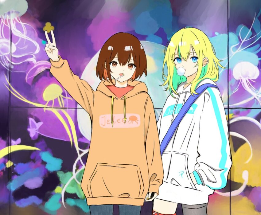 2girls asymmetrical_legwear blonde_hair blue_bag blue_eyes blue_pants bob_cut brown_eyes brown_hair candy chewing_gum colored_inner_hair commentary food food_in_mouth green_hair hair_between_eyes hand_up hands_in_pockets hood hood_down hoodie kouzuki_mahiru lollipop long_hair long_sleeves momokan_1209 multicolored_hair multiple_girls open_mouth orange_hoodie pants short_hair sidelocks symbol-only_commentary thigh_strap v white_hoodie yamanouchi_kano yoru_no_kurage_wa_oyogenai