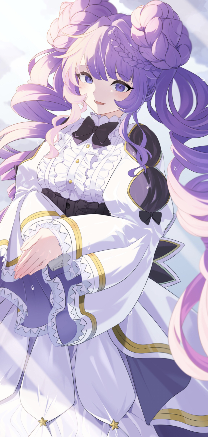 1girl black_bow black_corset blush bow braid corset double_bun dress duel_monster frilled_dress frilled_sleeves frills hair_bun heichi highres long_hair looking_at_viewer open_mouth purple_eyes purple_hair selettrice_vaalmonica smile solo twin_braids very_long_hair white_dress yu-gi-oh!