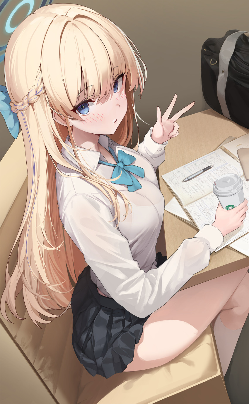 1girl absurdres bag black_skirt blonde_hair blue_archive blue_bow blue_bowtie blue_eyes blue_halo blush bow bowtie bra_visible_through_clothes breasts crossed_legs cup desk disposable_coffee_cup disposable_cup haine_(artist) halo highres long_hair looking_at_viewer mechanical_pencil medium_breasts miniskirt notebook pencil school_bag school_desk shirt sitting skirt socks solo thighs toki_(blue_archive) toki_(school_uniform)_(blue_archive) very_long_hair w white_shirt white_socks