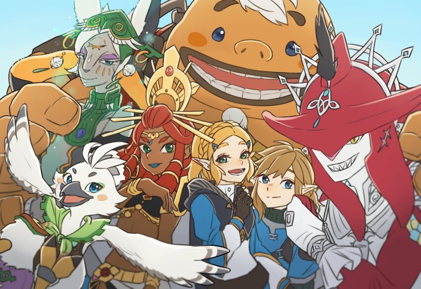 3girls 4boys bird_boy blonde_hair blue_background blue_eyes blue_lips blush_stickers braid brown_gloves champion&#039;s_tunic_(zelda) commentary_request crown_braid fingerless_gloves fish_boy gerudo gloves goron green_eyes grin headpiece highres link looking_at_viewer lower_teeth_only maya_(mayamayammy) medium_hair mineru_(zelda) multiple_boys multiple_girls nintendo open_mouth pointy_ears princess_zelda red_hair riju rito sharp_teeth short_hair sidon smile spread_wings teeth the_legend_of_zelda the_legend_of_zelda:_tears_of_the_kingdom tulin_(zelda) yunobo zonai zora