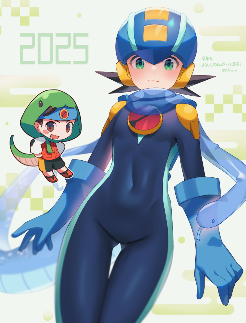 2025 2boys animal animal_hood black_shorts blue_bodysuit blue_headband blue_helmet blue_scarf blush blush_stickers bodysuit brothers brown_eyes brown_hair chibi chinese_zodiac closed_mouth commentary_request covered_navel egasumi fake_tail fang gloves green_eyes hands_on_own_hips headband helmet highres hood hood_up lan_hikari_(mega_man) long_sleeves looking_at_viewer male_focus mega_man_(series) mega_man_battle_network_(series) megaman.exe multiple_boys navel netnavi open_mouth orange_shoes orange_vest scarf see-through_clothes see-through_scarf shirt shoes short_hair shorts siblings skin_fang skin_tight smile snake snake_hood snake_tail sneakers spiked_hair standing tail translation_request twins twitter_username vest white_shirt year_of_the_snake zero-go