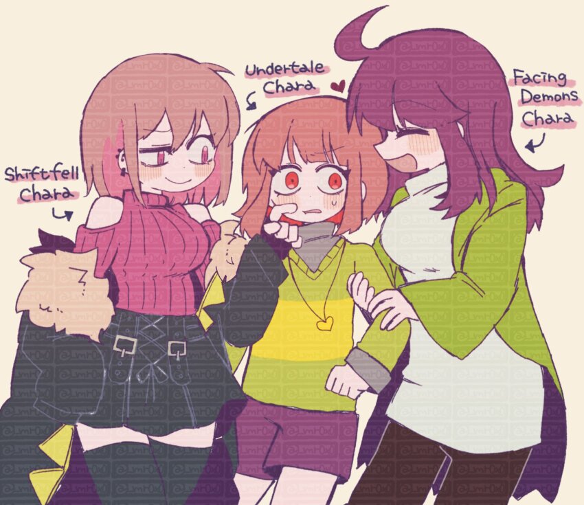 3girls blush brown_hair chara_(undertale) genderswap genderswap_(otf) highres jacket jewelry miniskirt mr0x0 multiple_girls necklace red_eyes skirt storyfell storyshift sweater undertale utdr_(toby_fox)