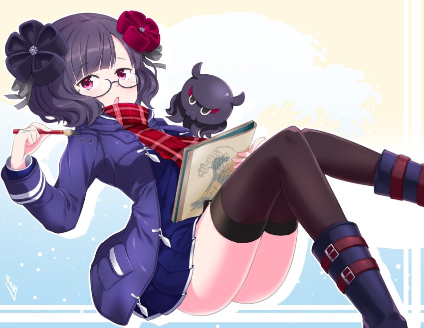 absurdres artoria_pendragon_(fate) black-framed_eyewear black_hair black_legwear blue_skirt blunt_bangs blush breasts bunji calligraphy_brush coat cosplay fate/grand_order fate_(series) flower glasses hair_flower hair_ornament highres holding holding_paintbrush katsushika_hokusai_(fate) long_sleeves looking_at_viewer medium_breasts mysterious_heroine_x_alter_(fate) mysterious_heroine_x_alter_(fate)_(cosplay) mysterious_heroine_x_alter_(first_ascension)_(fate) octopus open_clothes open_coat open_mouth paintbrush pink_eyes plaid_clothes plaid_scarf pleated_skirt purple_coat red_scarf scarf school_uniform semi-rimless_eyewear serafuku short_hair sitting skirt thighhighs wavy_hair