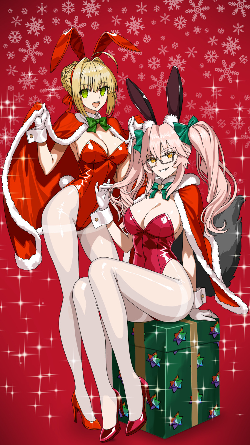 animal_ears black_leotard blue_leotard bow bowtie christmas covered_navel detached_collar fake_animal_ears fake_tail fate/extra fate/grand_order fate_(series) fishnet_pantyhose fishnets highleg highleg_leotard highres koyanskaya_(fate) leotard nero_claudius_(fate) pantyhose playboy_bunny rabbit_ears rabbit_tail red_leotard side-tie_leotard strapless strapless_leotard tail tamamo_(fate) traditional_bowtie type_x white_wrist_cuffs wrist_cuffs