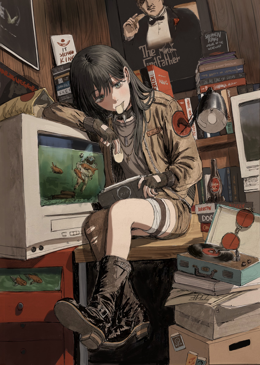 1girl absurdres bandages black_boots black_hair book boots chips_(food) collar fallout fingerless_gloves fish food food_in_mouth gloves gold_can grey_eyes handheld_game_console highres it_(stephen_king) monitor nuka_cola original phonograph playstation_portable sitting solo spiked_collar spikes the_godfather unworn_eyewear vinyl_record