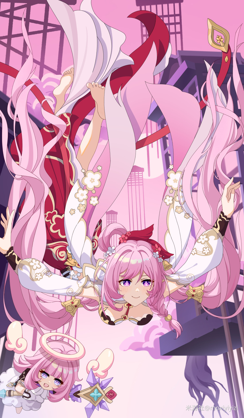 2girls absurdres angel_wings barefoot bell blue_eyes breasts chinese_commentary commentary_request diamond-shaped_pupils diamond_(shape) dress elf_elysia elysia_(herrscher_of_human:_ego)_(honkai_impact) elysia_(honkai_impact) elysia_(peachy_spring)_(honkai_impact) feet floating flower hair_bell hair_flower hair_ornament halo highres holding holding_staff honkai_(series) honkai_impact_3rd large_breasts long_hair long_sleeves miyoushe_watermark moxiyiyizi multiple_girls official_alternate_costume pink_hair pink_sky puffy_long_sleeves puffy_sleeves purple_eyes red_dress sky smile staff symbol-shaped_pupils toes very_long_hair watermark white_dress wings