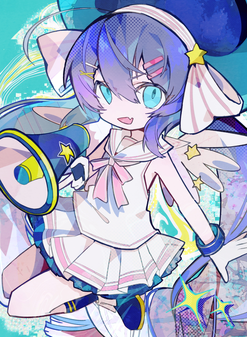 1girl :d abstract_background absurdres ahoge aqua_background aqua_eyes aqua_hat aqua_headwear aqua_pupils bad_arm bare_arms blue_hat blue_shoes commentary fang flat_chest floating full_body hair_ornament hairclip hand_up hat highres holding holding_megaphone large_hat long_hair looking_at_viewer low_twintails megaphone neck_ribbon open_mouth otomachi_una pink_ribbon pleated_skirt purple_hair ribbon sailor_collar sailor_shirt shirt shoes skin_fang skirt sleeveless sleeveless_shirt smile solo soresaki sparkle star_(symbol) twintails two-tone_hat two-tone_headwear very_long_hair vocaloid white_sailor_collar white_shirt white_wings wings wristband x_hair_ornament