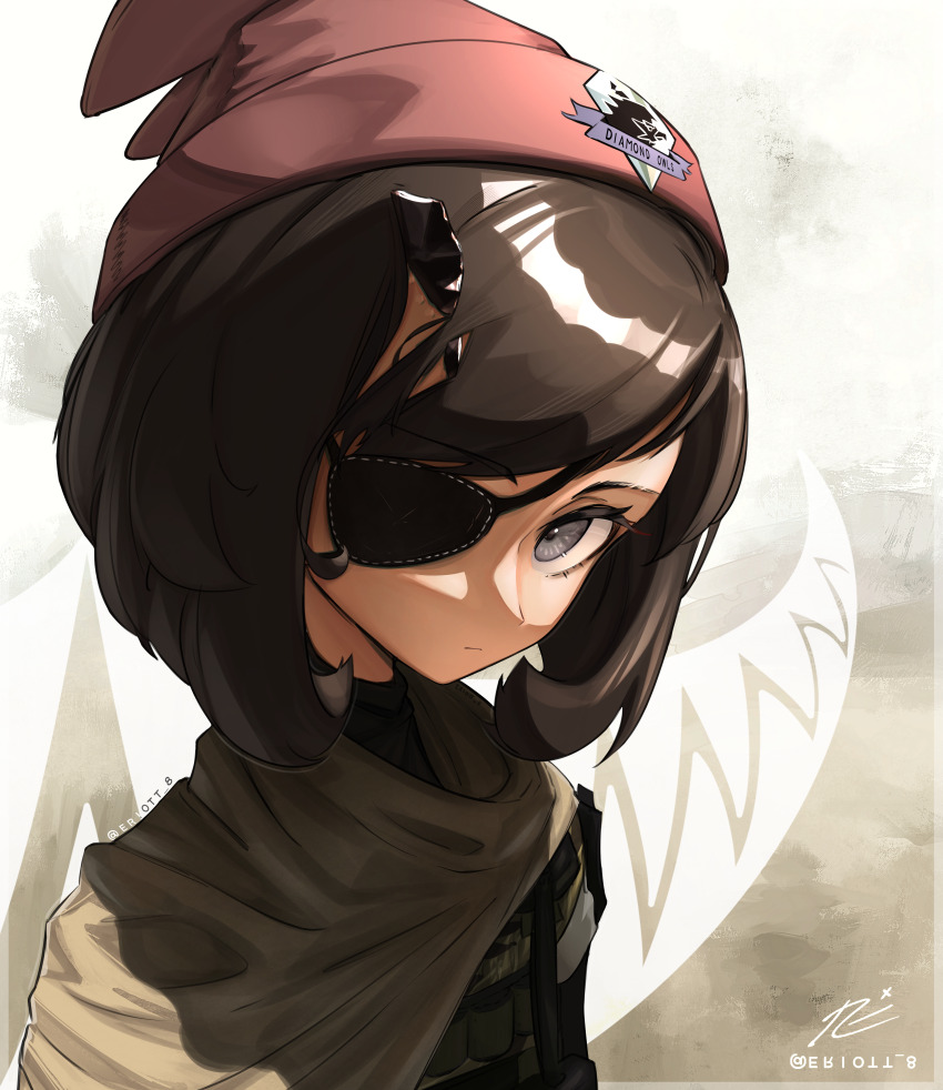 1girl absurdres artist_logo black_hair cosplay crossover diamond_dogs eriott eyepatch grey_eyes highres horns logo looking_at_viewer metal_gear_(series) metal_gear_solid_v:_the_phantom_pain military_uniform nintendo pokemon pokemon_sm red_headwear selene_(pokemon) signature single_horn venom_snake venom_snake_(cosplay)