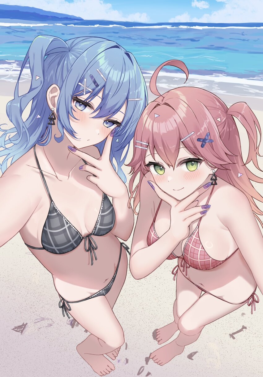 2girls ahoge alternate_costume bare_shoulders barefoot beach bikini black_bikini blue_eyes blue_hair blush breasts breasts_apart closed_mouth cloud collarbone earrings feet green_eyes hair_between_eyes hair_ornament hairclip hand_up highres hololive hoshimachi_suisei jewelry kohaku_(csacu) long_hair looking_at_viewer medium_breasts multiple_girls navel ocean one_side_up pink_hair purple_nails red_bikini sakura_miko sand sky small_breasts smile swimsuit v v_over_mouth virtual_youtuber