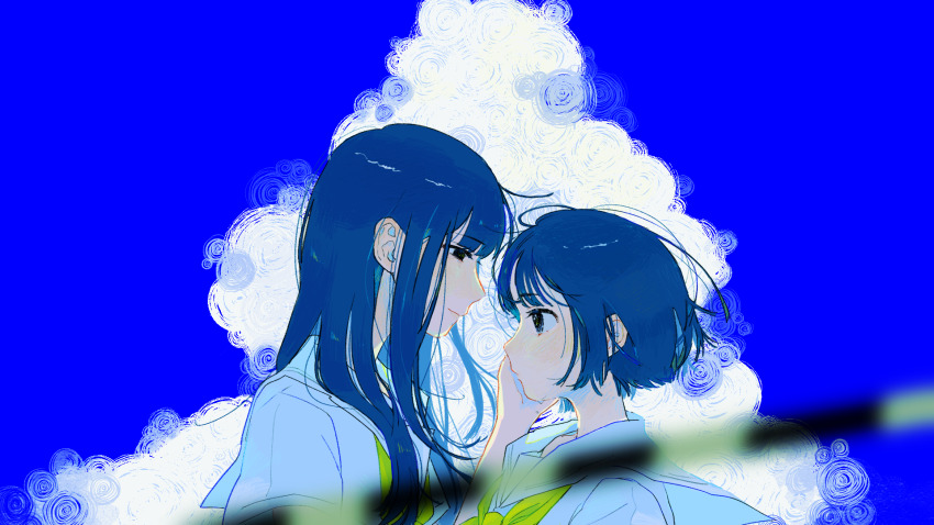 2girls blue_hair blue_sky blurry blurry_foreground boom_barrier cloud hand_on_another&#039;s_face highres long_hair looking_at_another multiple_girls neckerchief outdoors sailor_collar school_uniform serafuku shirt short_hair short_sleeves shoujo_rei_(vocaloid) skirt sky smile ushitaberu white_sailor_collar white_shirt yellow_neckerchief