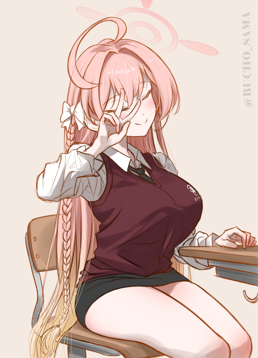 1girl absurdres ahoge alternate_costume bare_legs black_necktie black_skirt blonde_hair blue_archive blush breasts bucho_sama chair closed_eyes desk feet_out_of_frame gradient_hair halo hanako_(blue_archive) highres huge_ahoge huge_breasts long_braid long_hair miniskirt multicolored_hair necktie on_chair pencil_skirt pink_hair red_sweater_vest school_chair school_desk school_uniform shirt sitting skirt smile solo straight_hair sweater_vest thighs twitter_username v v_over_eye very_long_hair white_shirt