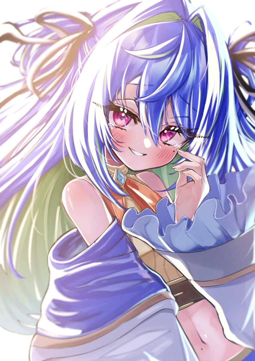 1girl belt black_ribbon blue_brooch blue_hair blush bow bowtie brown_belt chest_belt coat commentary_request crop_top frilled_sleeves frills green_hair grin hair_between_eyes hair_intakes hair_ribbon highres long_bangs long_hair long_sleeves looking_at_viewer midriff mole mole_under_eye multicolored_hair nanashi_inc. navel open_clothes open_coat orange_bow orange_bowtie pink_eyes ribbon sanada_shinka shirt simple_background smile solo striped_clothes striped_shirt suzumi_nemo suzumi_nemo_(1st_costume) tearing_up two-tone_hair two_side_up upper_body vertical-striped_clothes vertical-striped_shirt virtual_youtuber white_background white_coat