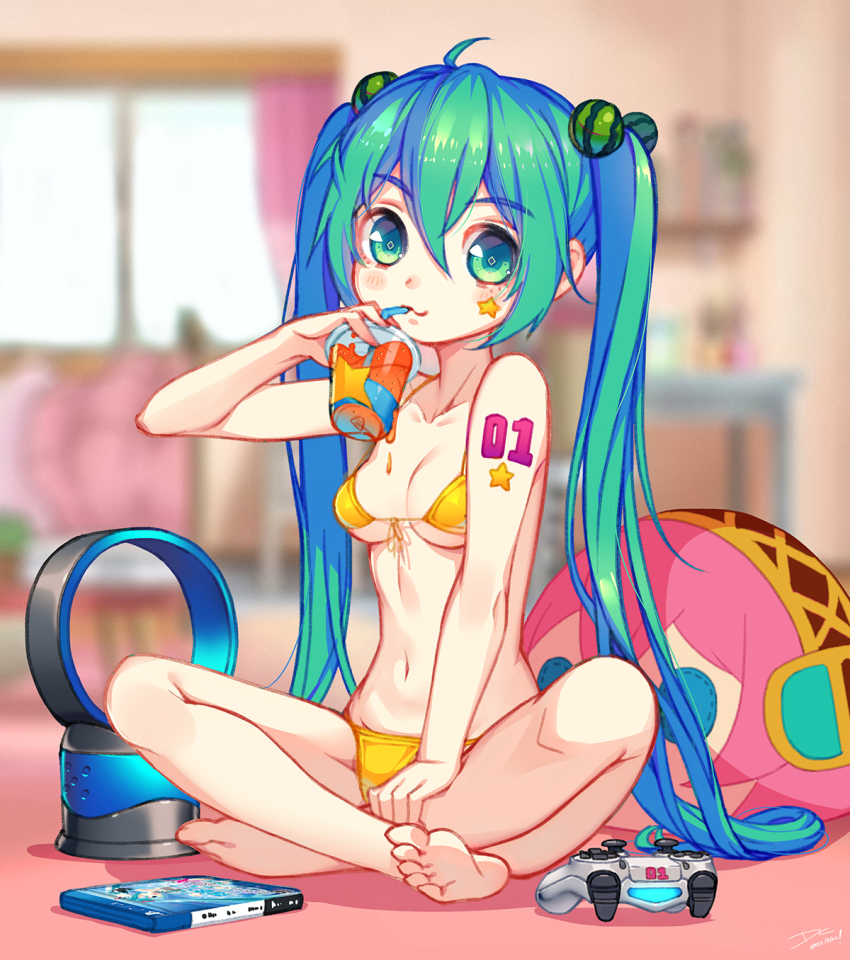 1girl ahoge barefoot bikini bladeless_fan blurry breasts controller dc_(doughertyevans) depth_of_field drinking drinking_straw female_focus food-themed_hair_ornament front-tie_top full_body game_controller green_eyes green_hair hair_between_eyes hair_bobbles hair_ornament hatsune_miku highres indian_style indoors long_hair megurine_luka number_tattoo sitting small_breasts solo swimsuit tattoo twintails very_long_hair vocaloid watermelon_hair_ornament yellow_bikini