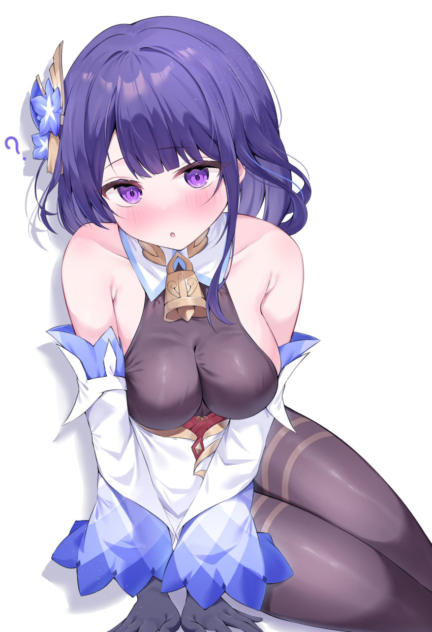 1girl :o ? backless_bodysuit bare_shoulders bell black_gloves black_pantyhose blush bodystocking bodysuit breasts cleavage collarbone commentary_request cosplay cowbell detached_sleeves ganyu_(genshin_impact) ganyu_(genshin_impact)_(cosplay) genshin_impact gloves hair_ornament halterneck highres large_breasts long_hair looking_at_viewer neck_bell pantyhose pekokota purple_eyes purple_hair raiden_shogun sideboob solo very_long_hair white_background white_sleeves