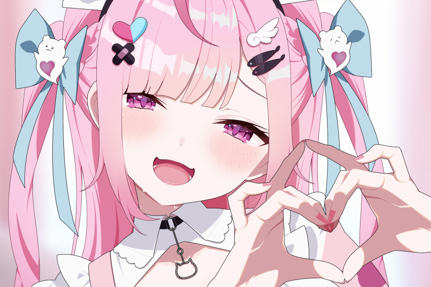 1girl bandaid bandaid_on_hand black_choker blue_bow bow cat_choker choker finger_heart fish_hair_ornament frilled_sleeves frills ghost_hair_ornament gradient_background hair_bow hair_ornament half-closed_eyes heart heart_hair_ornament highres indie_virtual_youtuber long_hair looking_at_viewer lower_teeth_only maid maid_headdress nail_polish omas_lie open_mouth pink_eyes pink_hair pink_nails pink_sleeves portrait puffy_short_sleeves puffy_sleeves short_sleeves smile solo teeth two_side_up unconventional_maid virtual_youtuber wing_hair_ornament yuuki_sakuna
