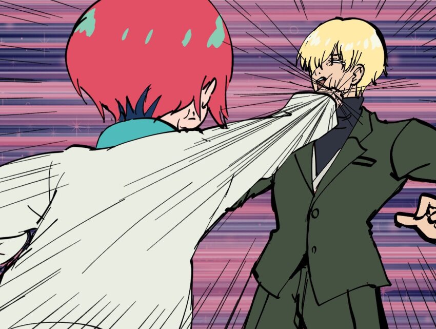 1boy 1girl amate_yuzuriha anger_vein aqua_shirt blonde_hair blue_eyes bodysuit collared_shirt engiyoshi green_jacket gundam gundam_gquuuuuux jacket long_sleeves open_mouth pants parody punching quattro_bajeena red_hair retro_artstyle school_uniform science_fiction shirouzu_(gundam) shirt short_hair style_parody sweater zeta_gundam