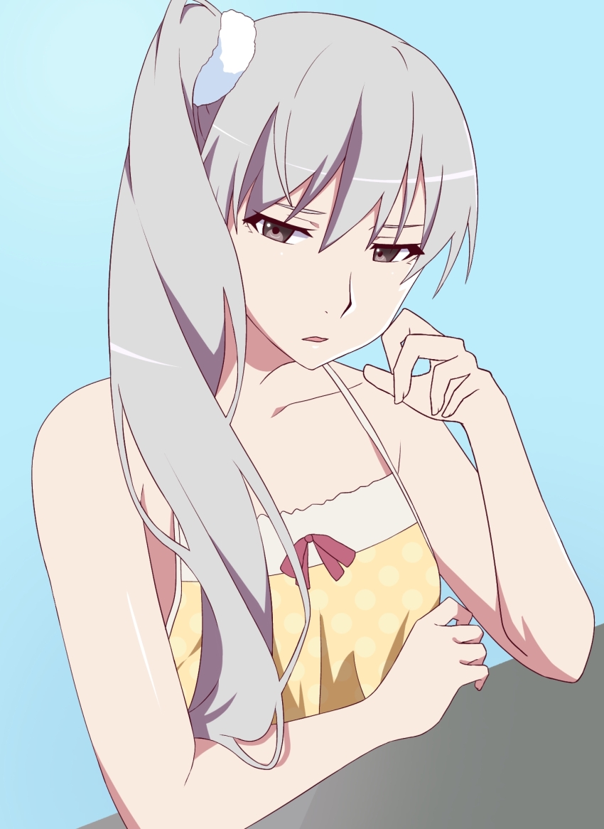 1girl albino_oscar arm_support blue_background bow_camisole brown_eyes camisole commentary_request grey_hair hair_between_eyes hair_ornament hair_scrunchie highres long_hair looking_at_viewer monogatari_(series) oikura_sodachi open_mouth owarimonogatari polka_dot_camisole scrunchie side_ponytail simple_background solo strap_slip upper_body white_scrunchie yellow_camisole