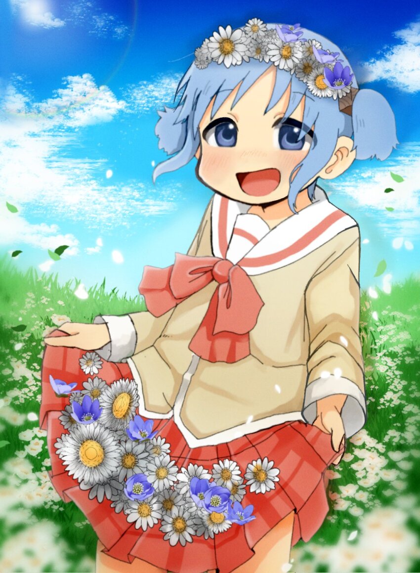 1girl :d birthday blue_eyes blue_hair blue_sky bow bowtie cloud cloudy_sky commentary_request cowboy_shot cube_hair_ornament field flower flower_field flower_request hair_ornament half-closed_eyes head_wreath highres lens_flare light_blush long_sleeves looking_at_viewer naganohara_mio naganoharamiomio nichijou open_mouth outdoors petals plaid_clothes plaid_skirt pleated_skirt red_bow red_bowtie red_skirt sailor_collar school_uniform short_hair short_twintails skirt skirt_basket skirt_hold sky smile solo standing sunlight tokisadame_school_uniform twintails white_sailor_collar