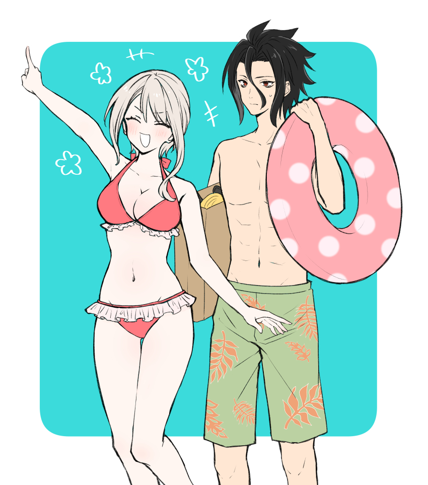 1boy 1girl :d absurdres arm_up bag bikini black_hair bow breasts collarbone floral_print frilled_bikini frills green_background hair_between_eyes hair_bow highres holding holding_swim_ring index_finger_raised innertube kurokiba_ryou large_breasts male_swimwear nakiri_alice navel open_mouth orange_male_swimwear red_bikini red_bow red_eyes shokugeki_no_souma short_hair smile stomach swim_ring swimsuit toy-black