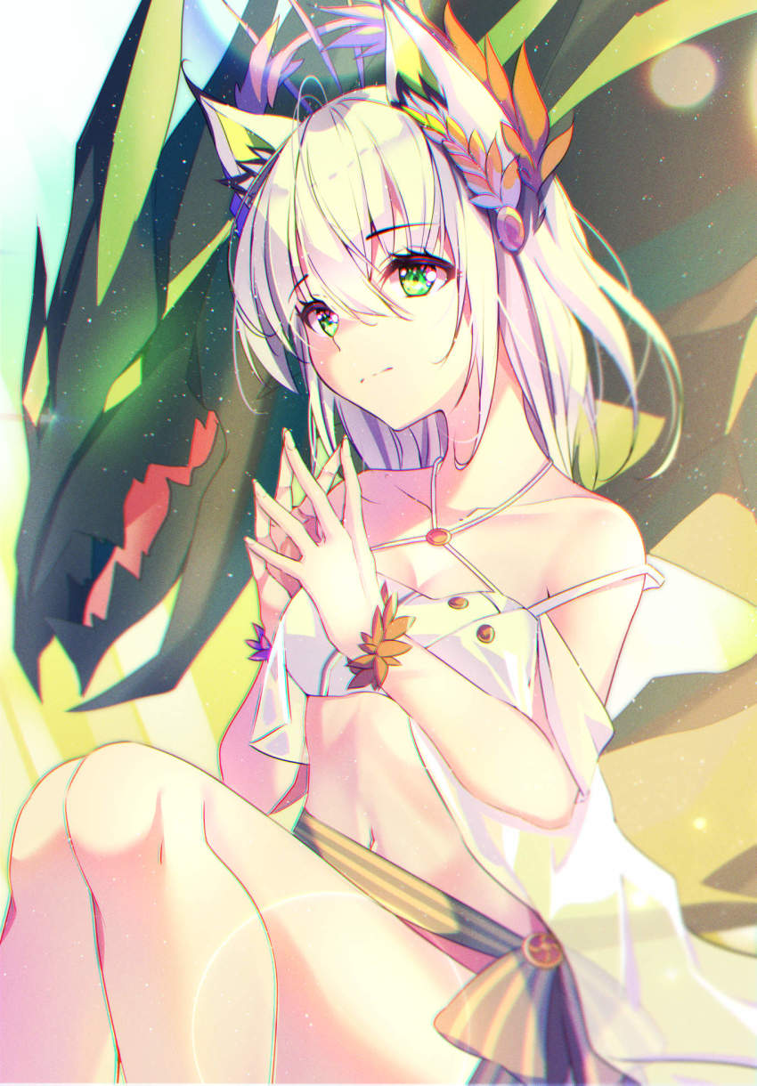 1girl animal_ears arknights bandeau bare_legs bare_shoulders cat_ears commentary cosplay criss-cross_halter english_commentary green_eyes halterneck highres kal&#039;tsit_(arknights) mon3tr_(arknights) mon3tr_(summon)_(arknights) navel official_alternate_costume own_hands_together platinum_(arknights) platinum_(arknights)_(cosplay) short_hair silver_hair solo steepled_fingers stomach the0neulost thighs