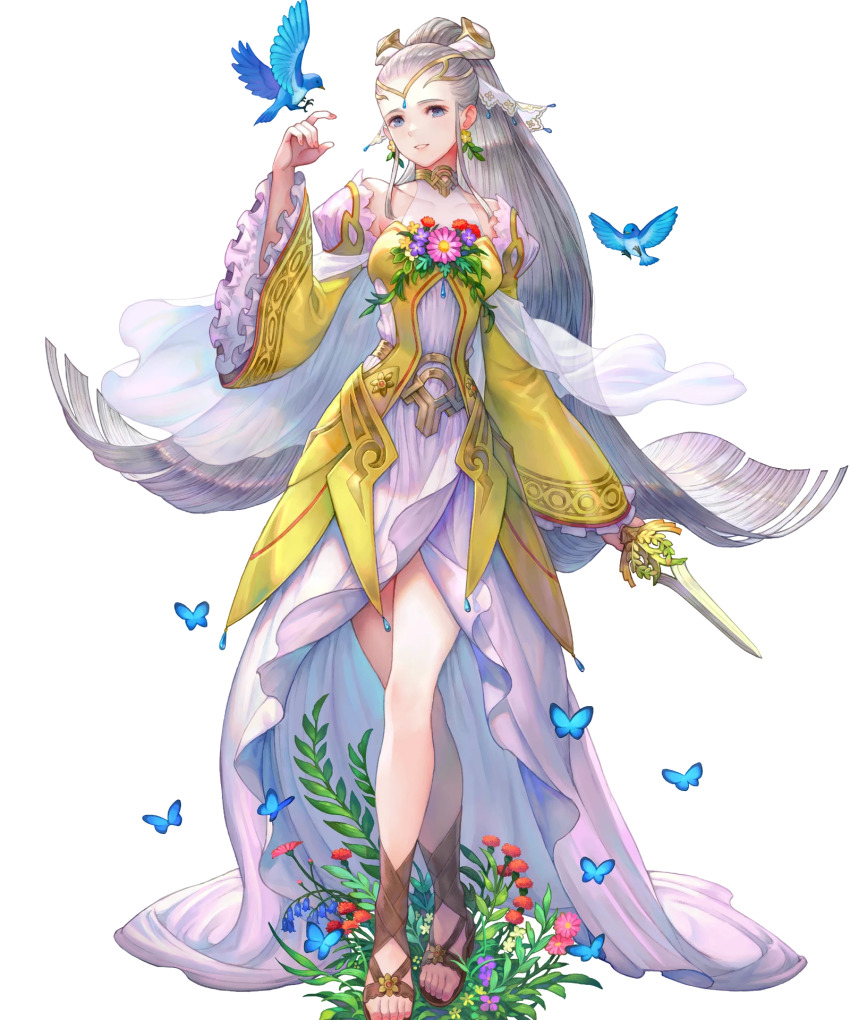 1girl animal bird blue_butterfly blue_eyes breasts bug butterfly comic covered_collarbone dagger detached_sleeves dress earrings eir_(fire_emblem) eir_(life_ascendant)_(fire_emblem) feet female_focus fire_emblem fire_emblem_heroes flower flower_earrings frills full_body gold_trim grey_hair haccan hair_ornament highres holding holding_dagger holding_knife holding_weapon insect jewelry knife long_dress long_hair medium_breasts nintendo non-web_source official_art ponytail sandals see-through_clothes solo tiara toes transparent_background weapon wide_sleeves