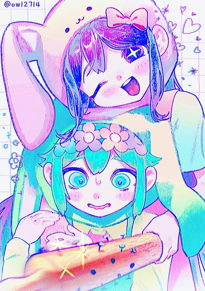 +_+ 1boy 1girl alternate_costume artist_name aubrey_(headspace)_(omori) aubrey_(omori) baseball_bat basil_(headspace)_(omori) basil_(omori) blush bow flower green_eyes green_hair hair_bow head_wreath highres holding holding_baseball_bat long_hair looking_at_viewer nail nail_(hardware) nail_bat omori one_eye_closed open_mouth ow12714 pink_bow purple_eyes purple_hair short_hair short_sleeves smile teeth twitter_username upper_teeth_only
