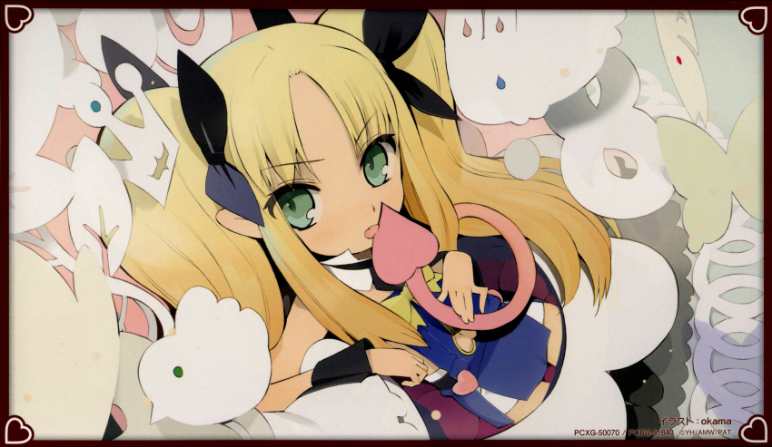 1girl absurdres astarotte_ygvar blonde_hair demon_tail detached_collar female_focus flat_chest frown green_eyes hair_ribbon highres licking long_hair lotte_no_omocha! okama pointy_ears ribbon sexually_suggestive solo tail tongue tongue_out twintails wrist_cuffs
