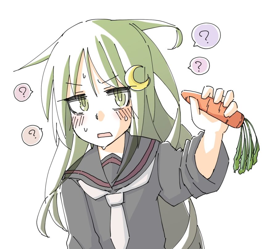 1girl ? black_sailor_collar black_serafuku black_shirt carrot commentary_request crescent crescent_hair_ornament green_eyes green_hair hair_ornament highres kantai_collection looking_at_viewer nagatsuki_(kancolle) neckerchief sailor_collar school_uniform serafuku shirt simple_background solo spoken_question_mark tatahai upper_body white_background white_neckerchief