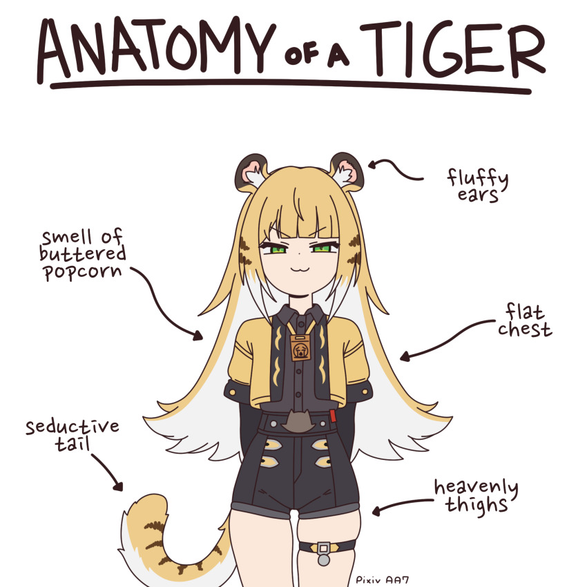 1girl :3 aa7_(paa7) anatomy_of_a_gamer_(meme) animal_ear_fluff animal_ears arms_behind_back arrow_(symbol) black_shirt black_shorts blonde_hair blunt_bangs colored_inner_hair commentary cowboy_shot cropped_jacket crying_emoji emoji english_commentary english_text green_eyes highres jacket ju_fufu long_hair looking_at_viewer meme multicolored_fur multicolored_hair orange_fur parody shirt short_sleeves shorts simple_background skindentation smile smug solo striped_fur striped_hair tail thigh_strap tiger_ears tiger_girl tiger_stripes tiger_tail v-shaped_eyebrows white_background white_hair yellow_jacket zenless_zone_zero